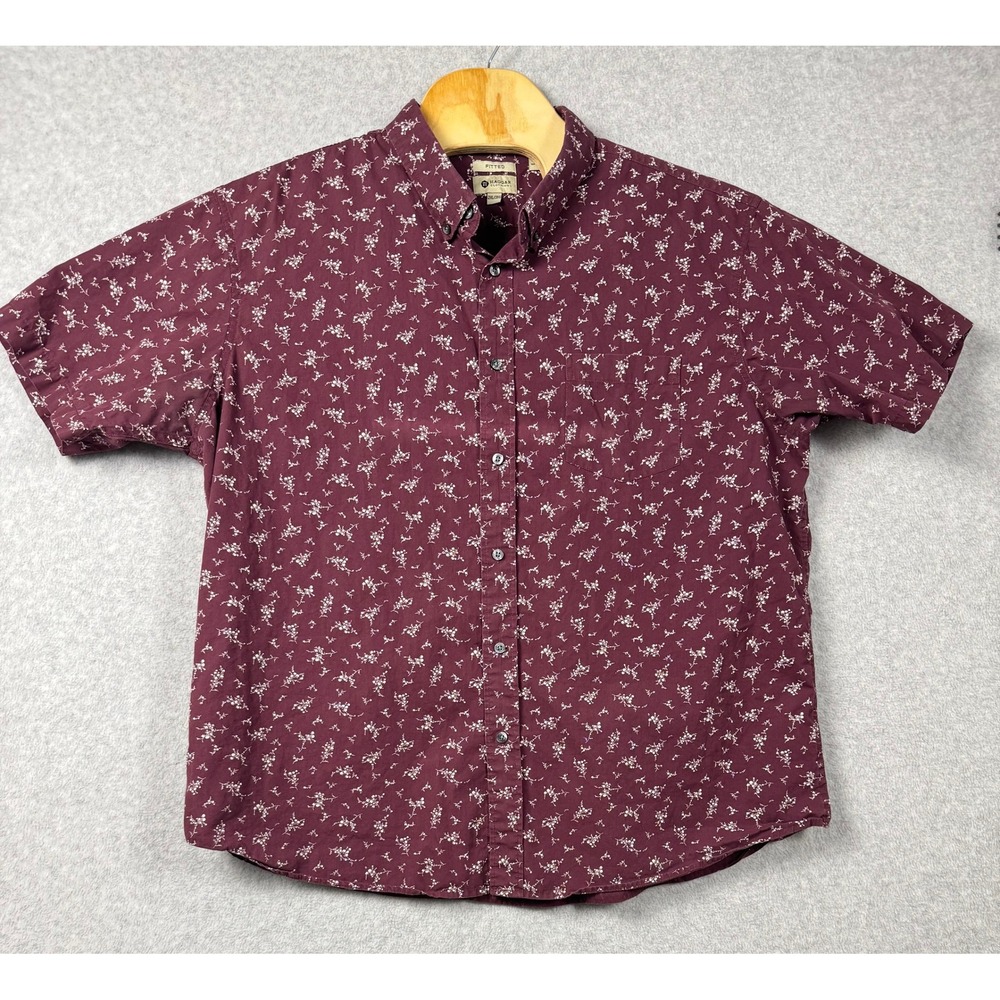Haggar Fitted Short Sleeve Button Down Shirt Mens 2XL Burgundy Floral Cotton